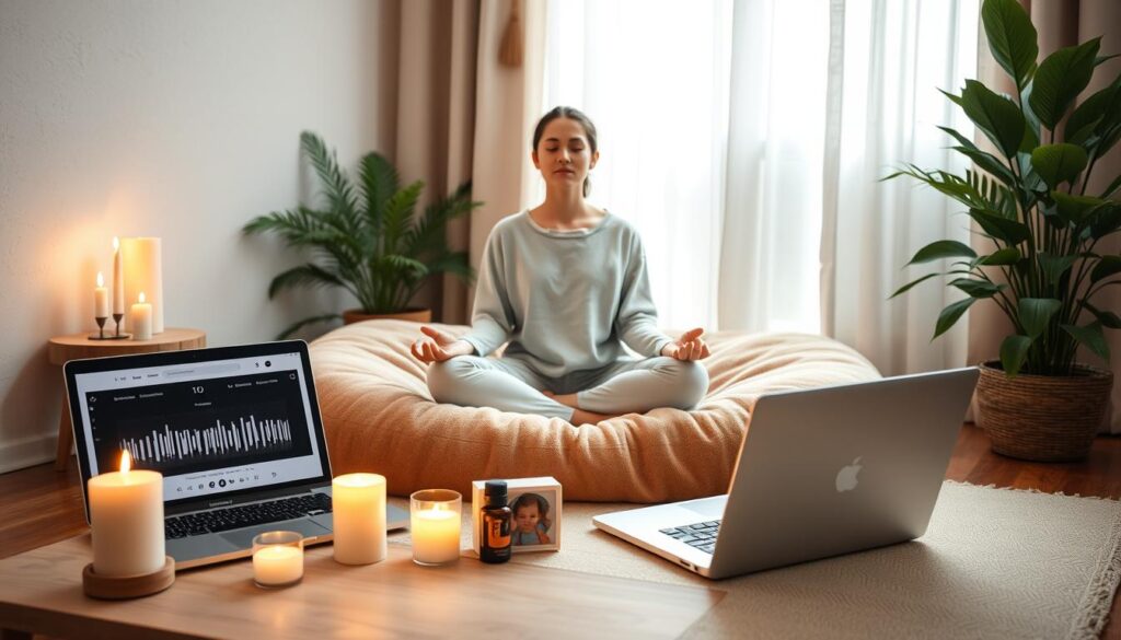 A serene indoor setting designed for audio meditation techniques, featuring a cozy corner with a soft, oversized meditation cushion in calming earth tones. In the foreground, an open laptop plays guided meditation audio, surrounded by candles flickering gently, casting warm light. A small tabletop speaker sits beside a few soothing aromatherapy oils, emphasizing relaxation. In the middle ground, a person in modest casual clothing sits cross-legged on the cushion, eyes closed in a peaceful state, embodying focus and tranquility. The background includes a lush green plant and softly draped curtains that diffuse natural light, creating an inviting atmosphere. Overall, the mood is calm and introspective, suggesting a beginner-friendly approach to meditation, encouraging viewers to explore audio techniques for stress relief.