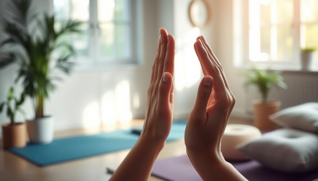 A serene indoor setting with soft natural light filtering through a window, creating a calming atmosphere. In the foreground, a pair of hands gently demonstrating the alternate nostril breathing technique. The left hand is poised at the left nostril, fingers elegantly holding it closed, while the right hand lifts gracefully towards the right nostril. The focus is on the hands, applied with a shallow depth of field, emphasizing their position. In the background, a peaceful space featuring plants, yoga mats, and soft cushions to reinforce a tranquil vibe. The overall tone should evoke balance and mindfulness, inviting the viewer into a moment of inner harmony through this breathing technique. A serene indoor setting with soft natural light filtering through a window, creating a calming atmosphere. In the foreground, a pair of hands gently demonstrating the alternate nostril breathing technique. The left hand is poised at the left nostril, fingers elegantly holding it closed, while the right hand lifts gracefully towards the right nostril. The focus is on the hands, applied with a shallow depth of field, emphasizing their position. In the background, a peaceful space featuring plants, yoga mats, and soft cushions to reinforce a tranquil vibe. The overall tone should evoke balance and mindfulness, inviting the viewer into a moment of inner harmony through this breathing technique.