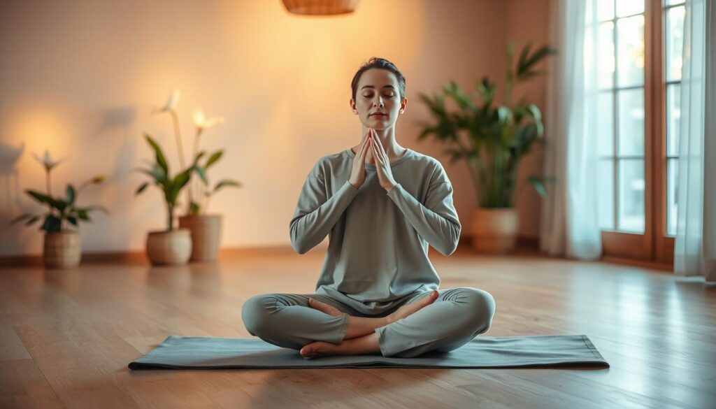 A serene indoor space featuring a person practicing nadi shodhana meditation, seated cross-legged on a soft mat. The foreground showcases the individual, dressed in modest, comfortable clothing, with hands positioned gracefully in front of the face, alternating nostril breathing technique highlighted. In the middle, a calming ambiance is created by warm, diffused lighting that softly illuminates the scene, with gentle shadows adding depth. The background includes plants like peace lilies and bamboo, enhancing the tranquil atmosphere. A window reveals soft natural light filtering through sheer curtains, contributing to a peaceful, harmonious environment. The overall mood is one of serenity and mindfulness, inviting the viewer to connect with the essence of balance and inner calm. A serene indoor space featuring a person practicing nadi shodhana meditation, seated cross-legged on a soft mat. The foreground showcases the individual, dressed in modest, comfortable clothing, with hands positioned gracefully in front of the face, alternating nostril breathing technique highlighted. In the middle, a calming ambiance is created by warm, diffused lighting that softly illuminates the scene, with gentle shadows adding depth. The background includes plants like peace lilies and bamboo, enhancing the tranquil atmosphere. A window reveals soft natural light filtering through sheer curtains, contributing to a peaceful, harmonious environment. The overall mood is one of serenity and mindfulness, inviting the viewer to connect with the essence of balance and inner calm.