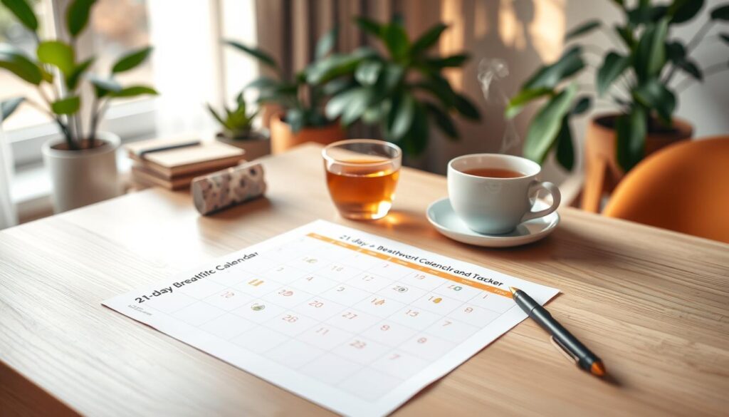 A beautifully designed 21-day breathwork calendar and tracker laid out on a light wooden desk. In the foreground, the calendar, featuring vibrant colors and simple, soothing icons, shows daily breathwork activities with checkboxes to track completion. Beside it, a stylish pen rests. In the middle, a gentle cup of herbal tea emits steam, adding to the calm atmosphere. The background softly fades into a serene home environment, with plants and soft lighting creating a peaceful ambiance. Natural light streams in through a window, casting warm shadows. The mood is tranquil and inviting, encouraging mindfulness and relaxation, ideal for enhancing the concept of a progressive breathwork program.