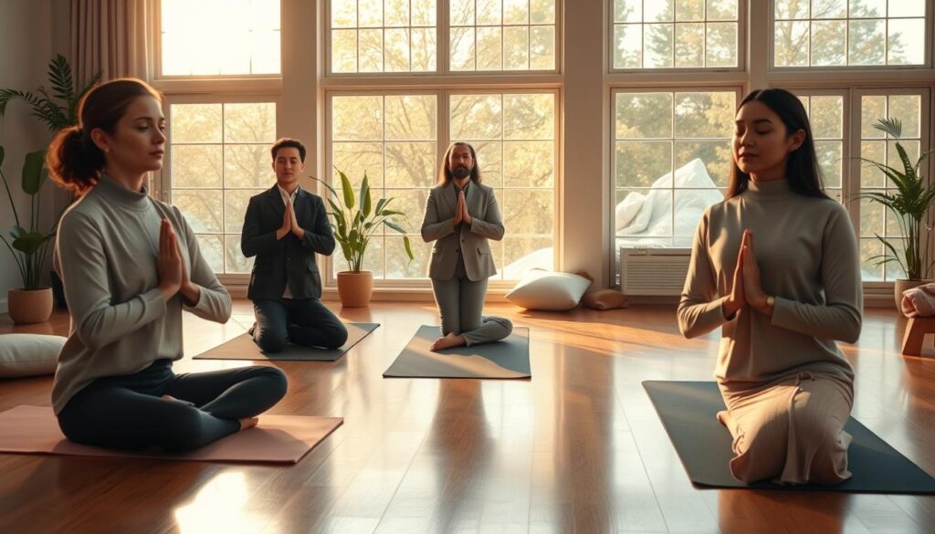 A serene indoor space showcasing a balance and focus routine. In the foreground, a diverse group of three individuals, each wearing modest, professional attire, are engaged in various breathwork exercises, focusing intently with closed eyes and calm expressions. The middle ground features yoga mats and soothing decor—indoor plants and soft cushions—to evoke a peaceful atmosphere. In the background, large windows let in warm, natural light, illuminating the room with a soft glow. Subtle reflections on the polished floor enhance the tranquil vibe. The camera angle is slightly elevated, capturing the participants in a harmonious composition. The overall mood is one of serenity and concentration, ideal for promoting mindfulness and balance. A serene indoor space showcasing a balance and focus routine. In the foreground, a diverse group of three individuals, each wearing modest, professional attire, are engaged in various breathwork exercises, focusing intently with closed eyes and calm expressions. The middle ground features yoga mats and soothing decor—indoor plants and soft cushions—to evoke a peaceful atmosphere. In the background, large windows let in warm, natural light, illuminating the room with a soft glow. Subtle reflections on the polished floor enhance the tranquil vibe. The camera angle is slightly elevated, capturing the participants in a harmonious composition. The overall mood is one of serenity and concentration, ideal for promoting mindfulness and balance.