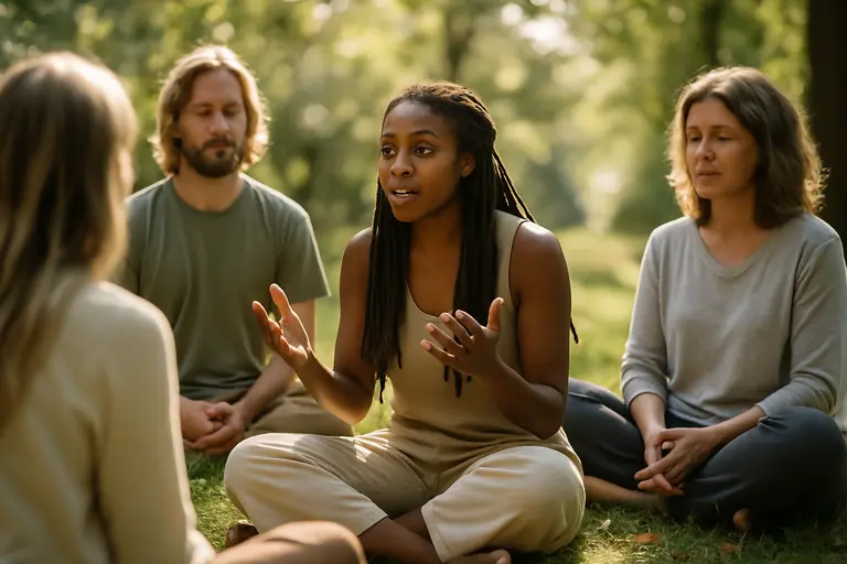 A small group seated calmly in a bright retreat room