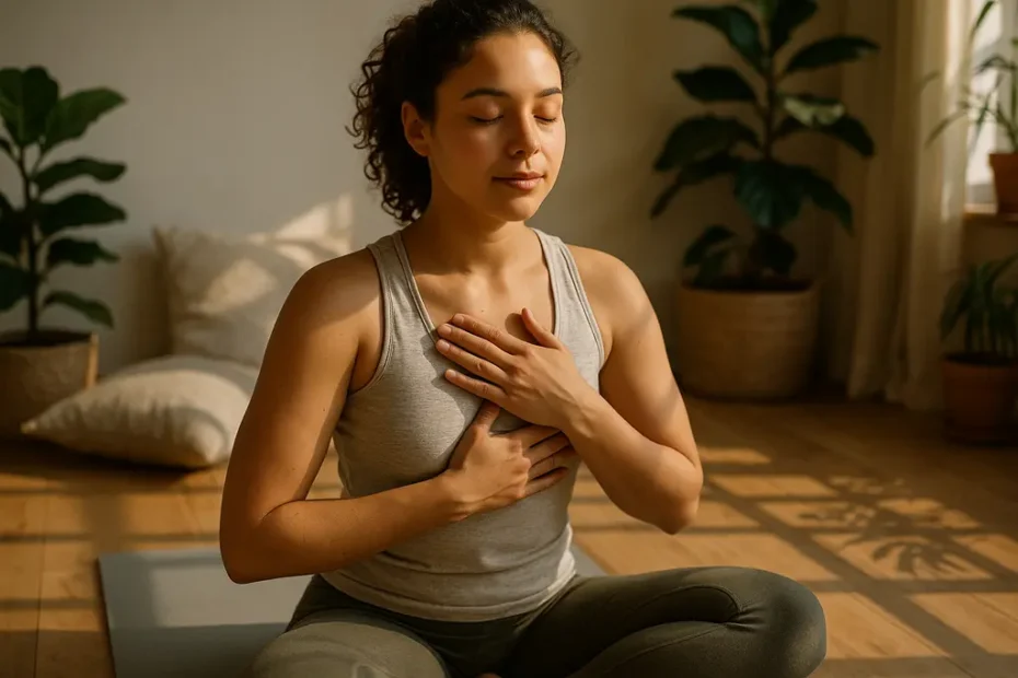 chest vibration mindfulness setup with a person seated and breathing calmly