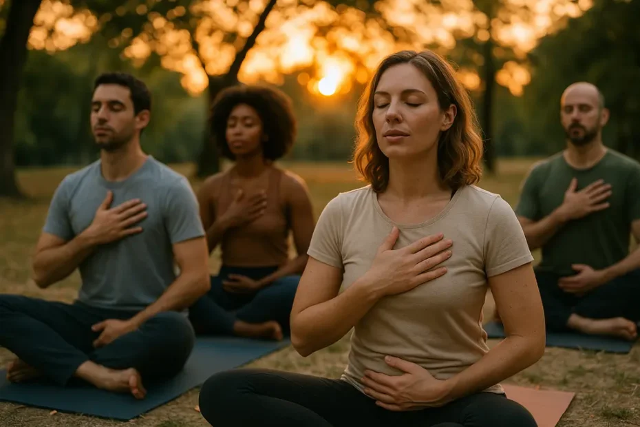 Person practicing chest vibration mindfulness with a calm seated posture