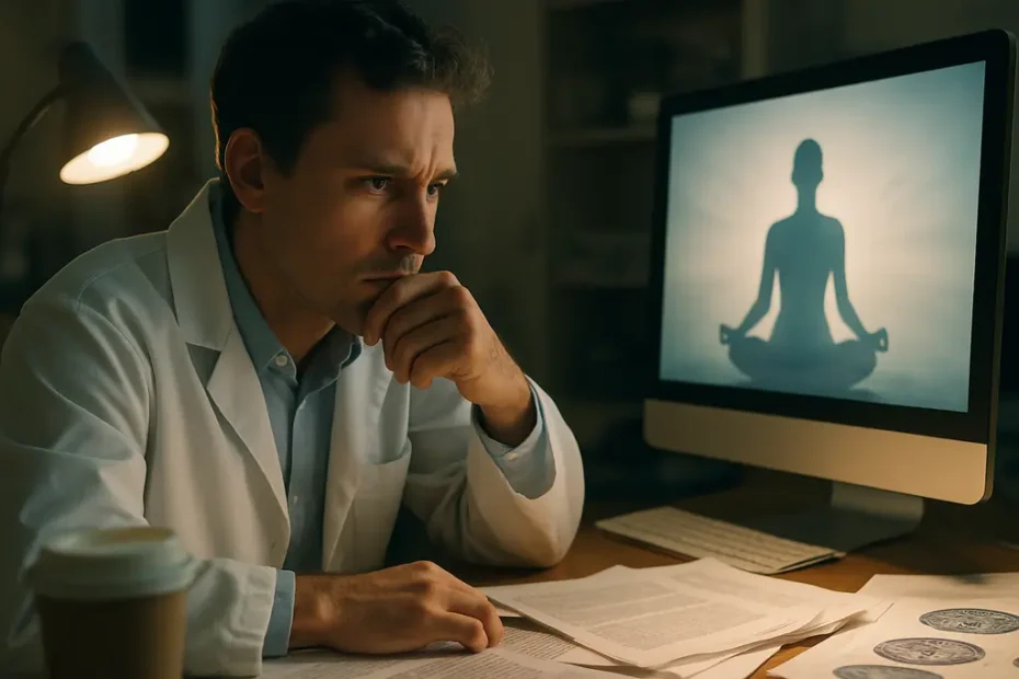 Deep Brain Stimulation concept beside a person practicing calm mindful breathing