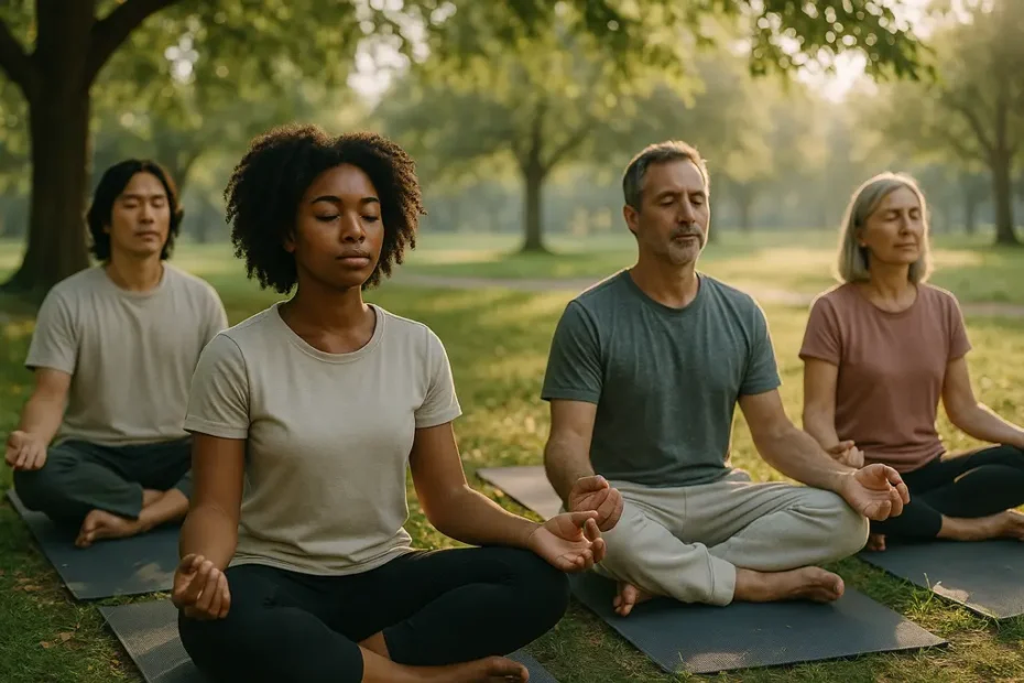 Person doing mindfulness practices near a window with a calm notebook nearby