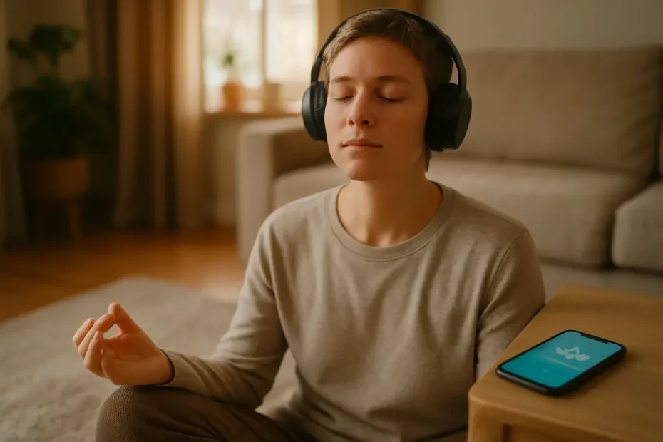 Person using Mobile Mindfulness app during a quiet breathing pause at home