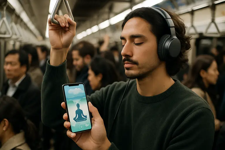 Person sitting near a window holding a phone before a short breathing practice