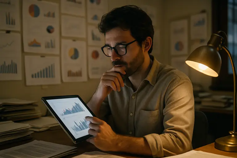 Research notes and charts on a desk beside a laptop