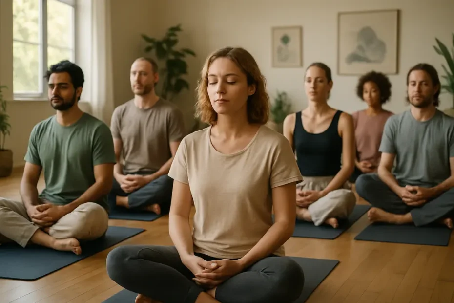 seven-day meditation retreat participants sitting quietly in a simple practice room