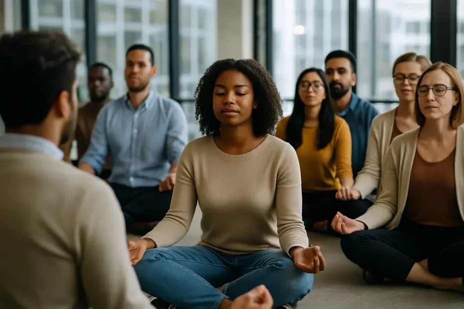 workplace mindfulness programs session with tech workers seated calmly in a meeting room