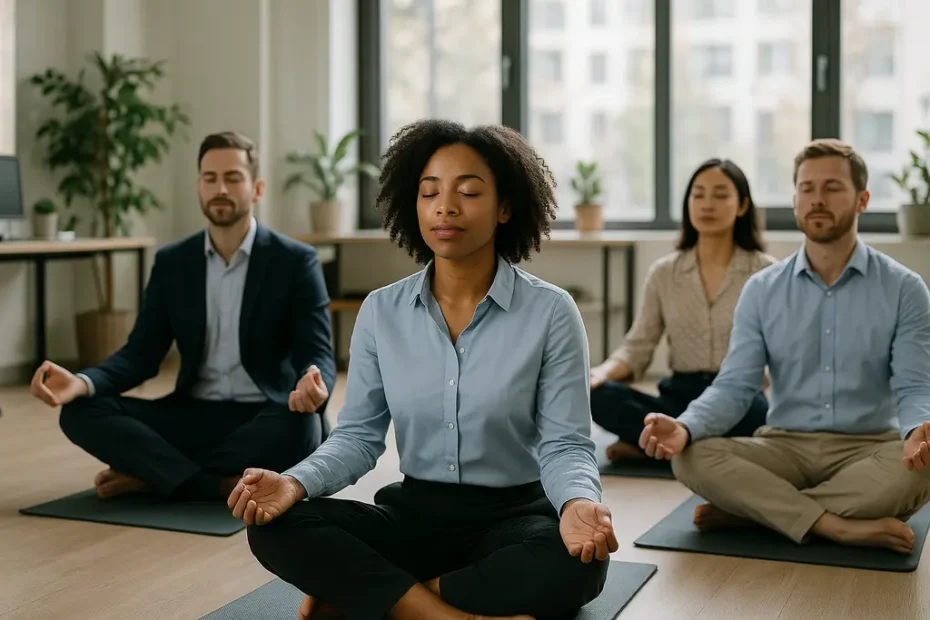 Employees sitting quietly during workplace mindfulness programs in a calm meeting room