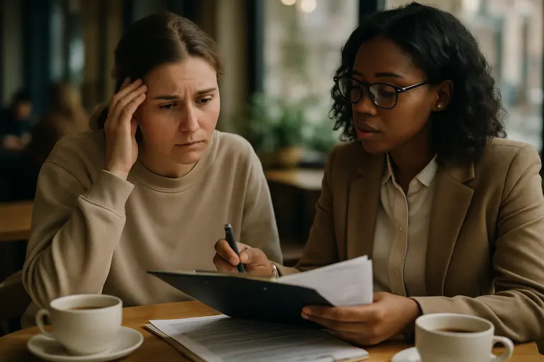 Caregiver and clinician reviewing notes at a table in a calm office
