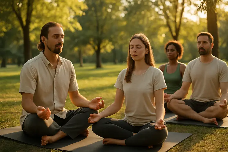Meditation timer, notebook, and soft daylight on a wooden table