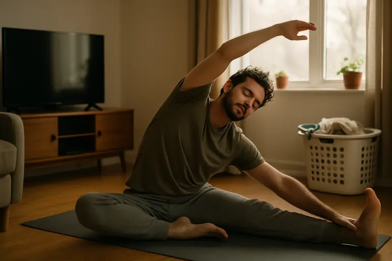 Person stretching beside a chair during a short work break