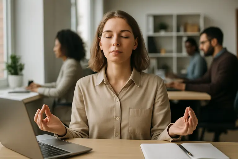 Person sitting upright at a desk with hands resting and eyes lowered
