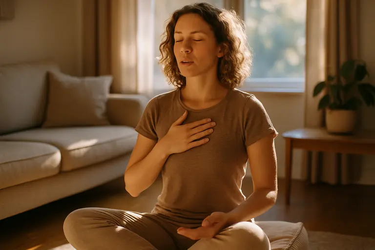 Person practicing quiet breathing in a simple room