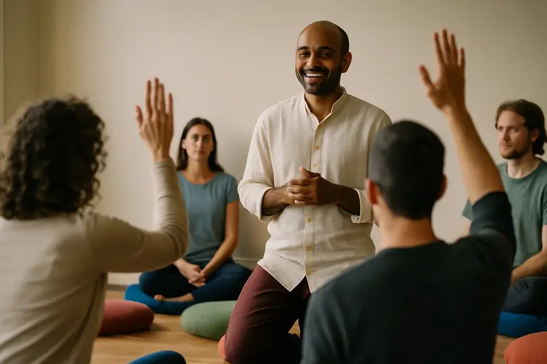 Instructor listening to a participant after a mindfulness session