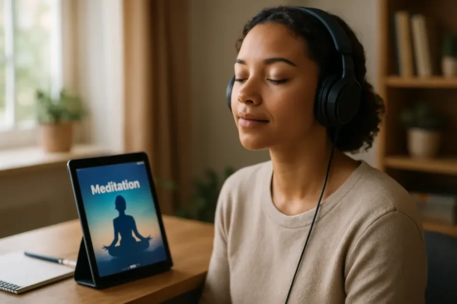 Employee using digital mindfulness interventions during a quiet work break