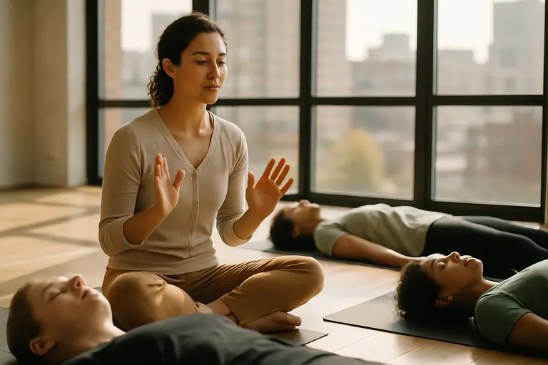 Instructor speaking with a small group in a quiet mindfulness class