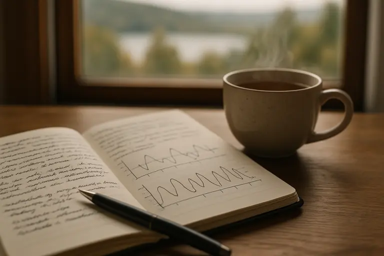 Notebook beside a meditation cushion with a glass of water nearby