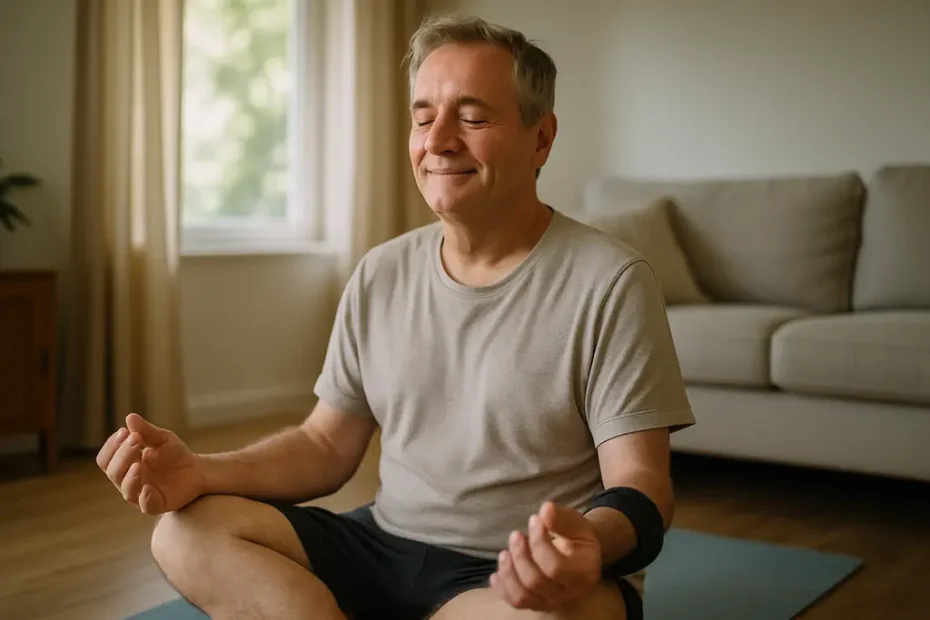 online MBSR session with a stroke survivor practicing seated breathing at home