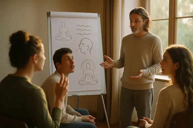Person reviewing notes beside meditation equipment in a quiet room