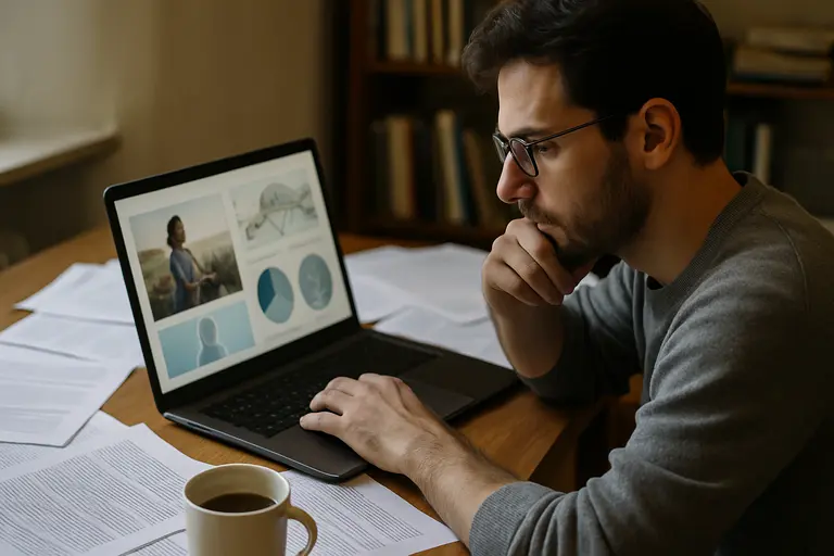Person reviewing study notes and charts at a desk
