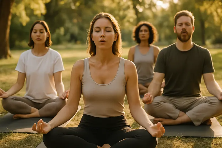Person sitting upright with hands resting during a breathing practice