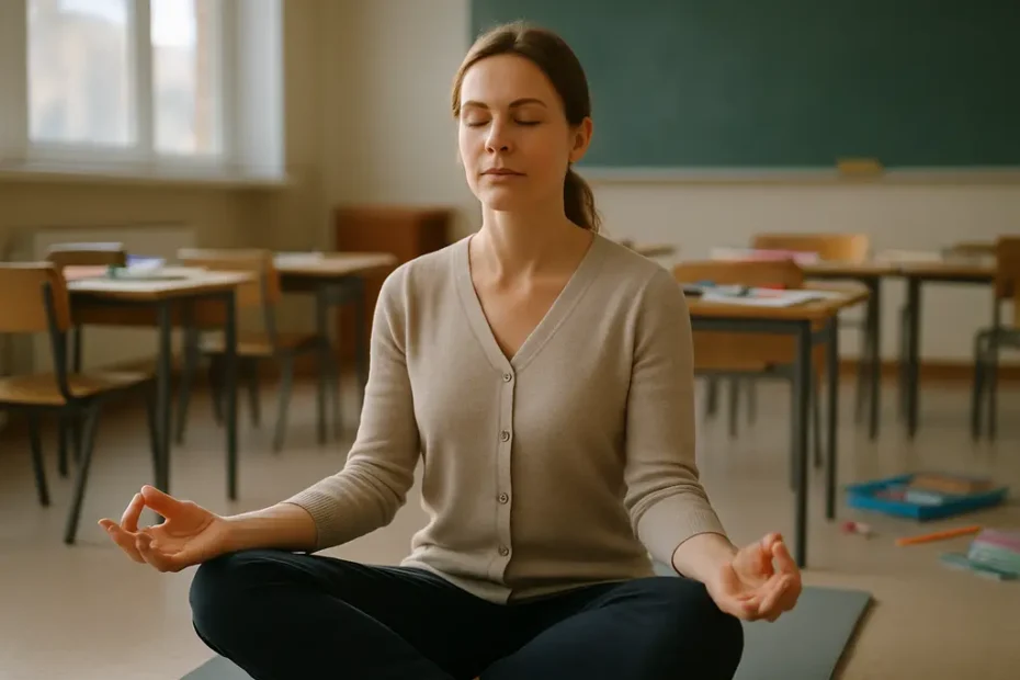 Teacher practicing Slow-Paced Breathing at a quiet desk before class