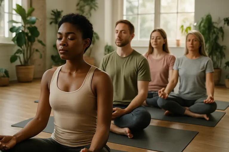 Small group seated in a quiet room for a guided breathing session