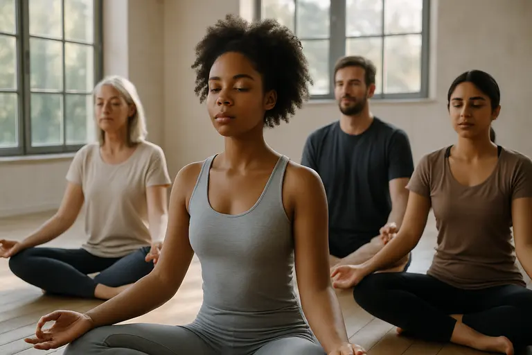 small group seated quietly in a community room practicing gentle breathing