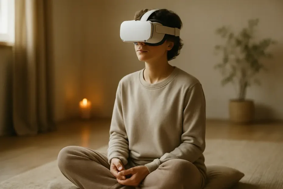 VR meditation session with a headset and calm breathing posture