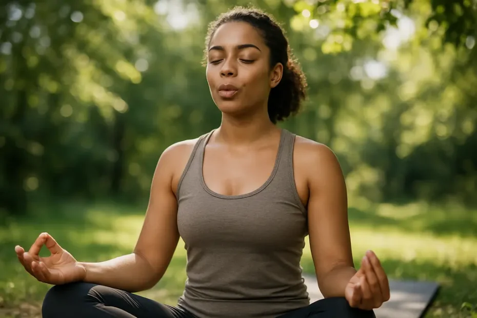 Person seated calmly practicing Breath-Hold Techniques with a timer nearby