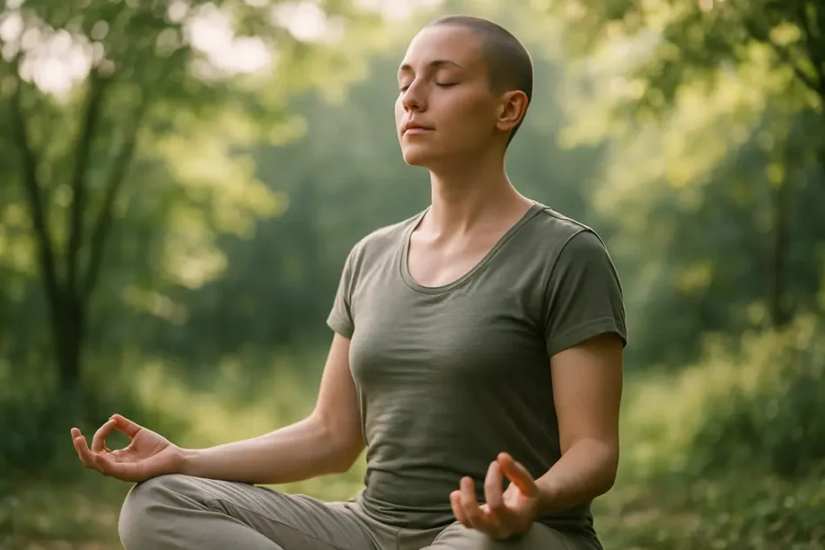 Person practicing breathing patterns near a window with a calm posture