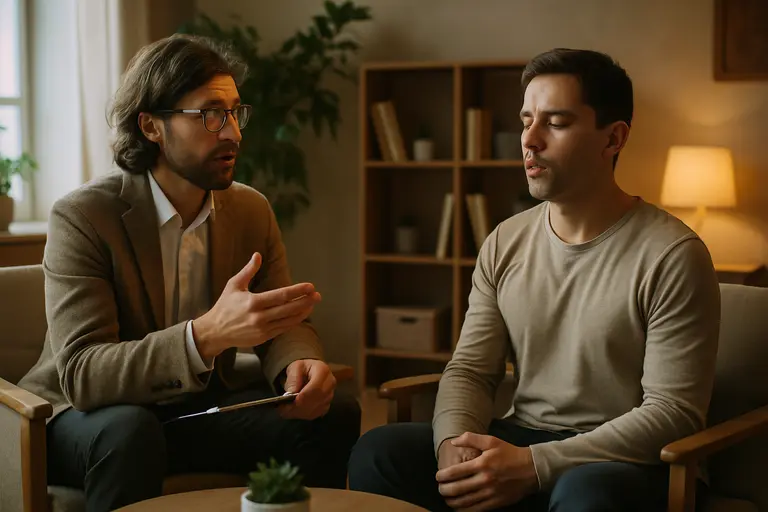 Clinician and patient discussing wellness questions at a desk