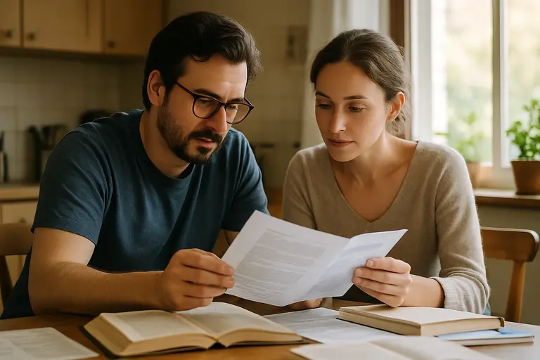Clinician and pregnant person reviewing notes together at a table