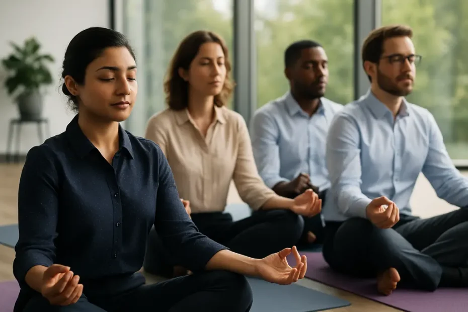 digital mindfulness practice at a quiet workplace desk with a phone and notebook