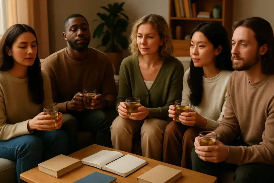 MBCT safety discussion with a notebook, tea, and calm meditation space