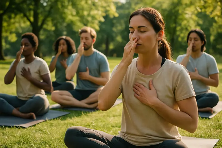 Meditation teacher discussing breath awareness in a quiet classroom