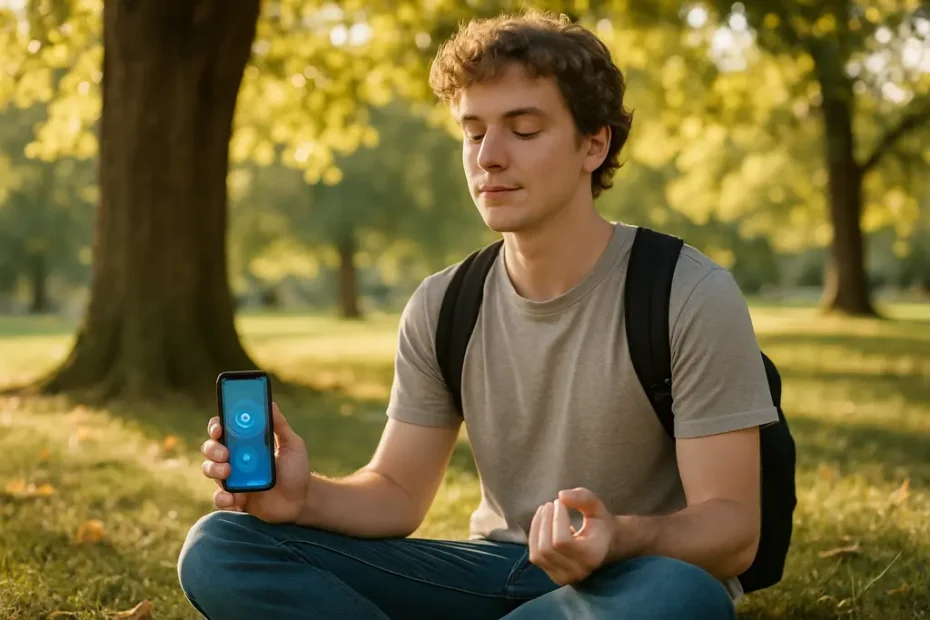 Person using mindfulness apps with headphones beside a notebook