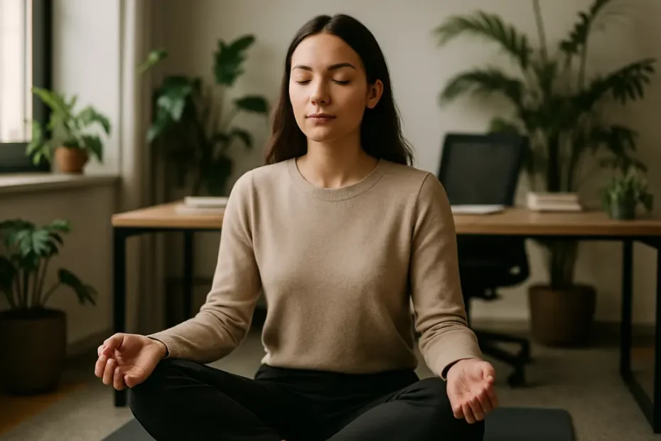 mindfulness routines at a quiet desk with a notebook and tea