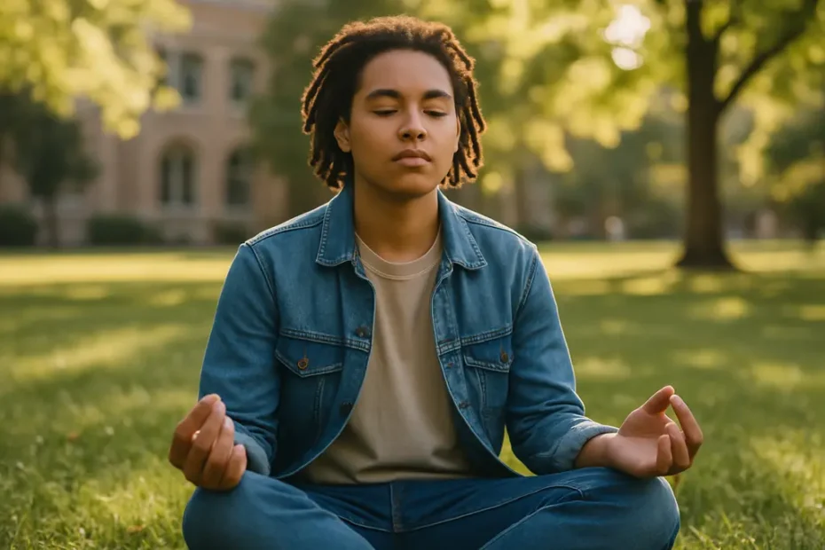 One-Minute Breathing practice in a quiet university study space