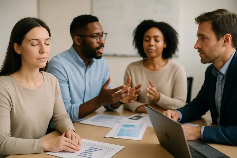 person reviewing notes and study charts at a conference table