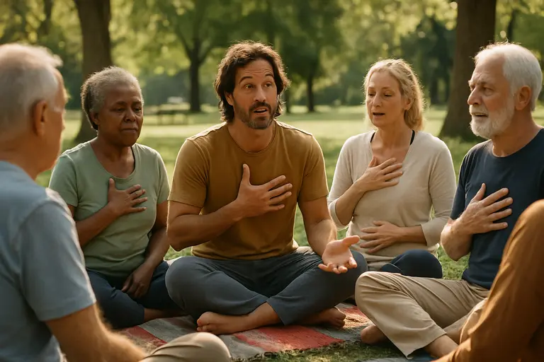 Small group seated in a wellness classroom practicing gentle breathing