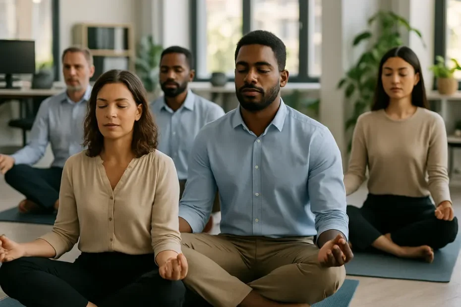 Workplace Mindfulness practice with a calm team pause before a meeting