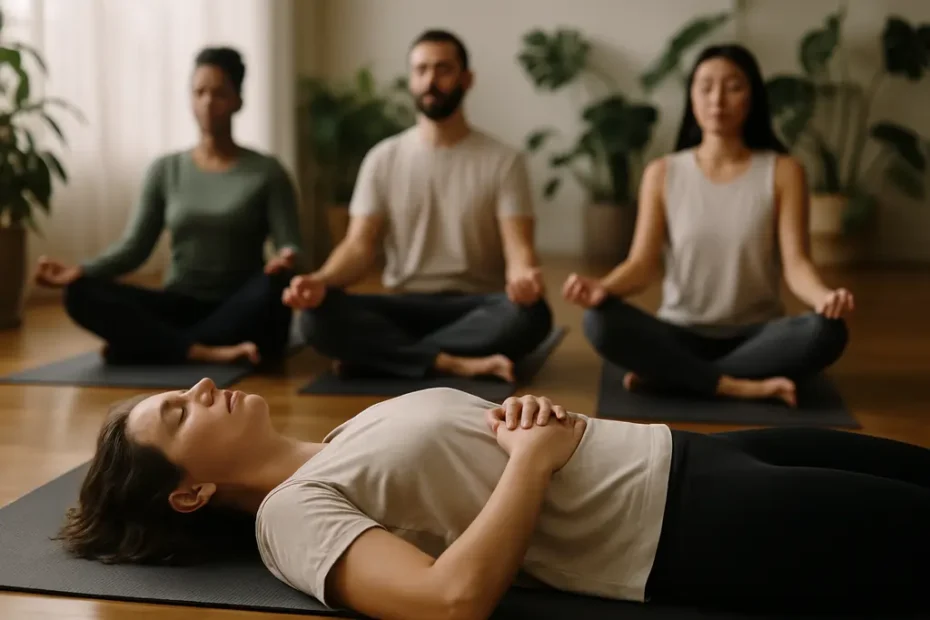 yoga breathing sleep practice with a woman resting calmly in a quiet room
